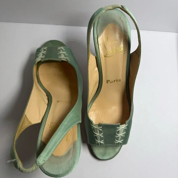 Christian Louboutin Red Bottom Teal Satin Slingback Peep Toe Heels Size 37.5 - Picture 5 of 11